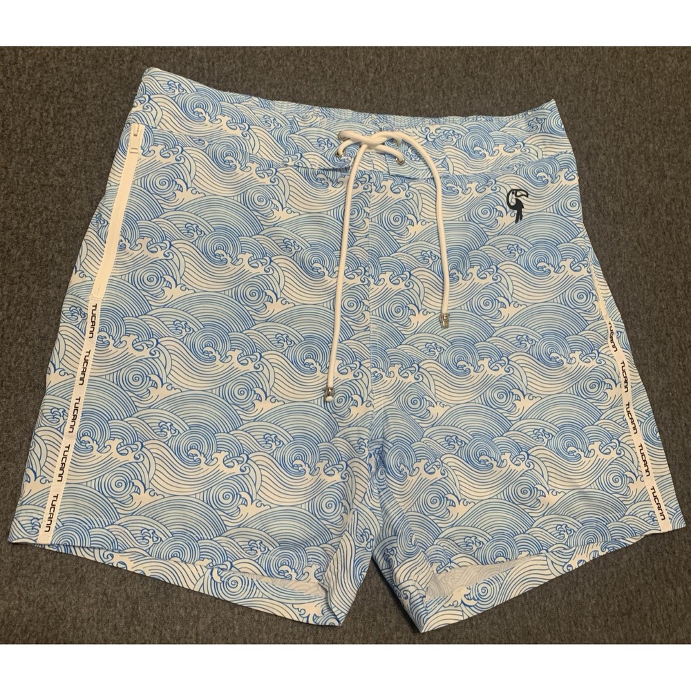 Tucann Shorts Men's Medium Swim Trunks Blue Waves Print Lined - Size L